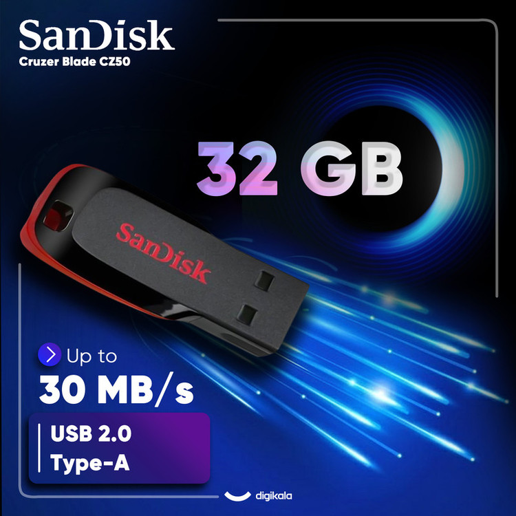 فلش مموری سن دیسک Cruzer Blade CZ50 ظرفیت 32 گیگابایت با رابط USB 2.0، سرعت انتقال 30 مگابایت بر ثانیه، طراحی بدون درپوش و بدنه مات مقاوم در برابر لک و اثر انگشت، دارای شیار اتصال بند و نرمافزار امنیتی
