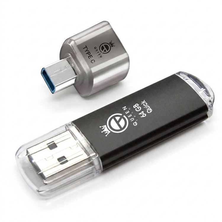 فلش مموری کوئین تک مدل QUICK C-PLUS ظرفیت 64 گیگابایت با رابط USB 2.0 و مبدل USB-C، سرعت انتقال 30 مگابایت بر ثانیه، طراحی درپوشدار، مناسب گوشی، تبلت، کامپیوتر و تلویزیون