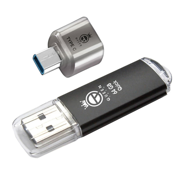 فلش مموری کوئین تک مدل QUICK C-PLUS ظرفیت 64 گیگابایت با رابط USB 2.0 و مبدل USB-C، سرعت انتقال 30 مگابایت بر ثانیه، طراحی درپوشدار، مناسب گوشی، تبلت، کامپیوتر و تلویزیون