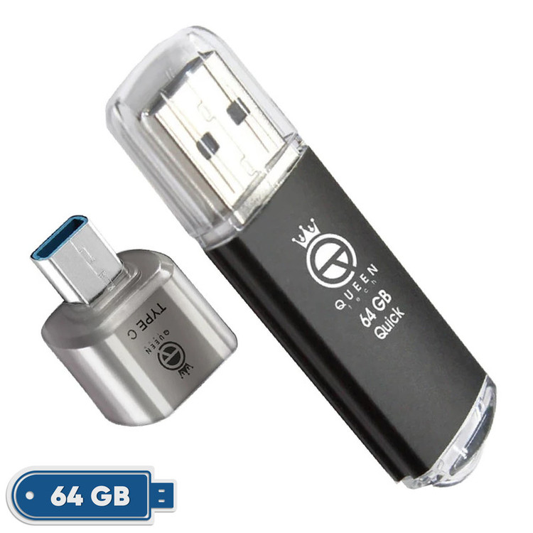 فلش مموری کوئین تک مدل QUICK C-PLUS ظرفیت 64 گیگابایت با رابط USB 2.0 و مبدل USB-C، سرعت انتقال 30 مگابایت بر ثانیه، طراحی درپوشدار، مناسب گوشی، تبلت، کامپیوتر و تلویزیون