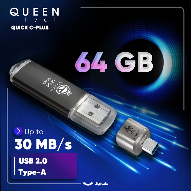 فلش مموری کوئین تک مدل QUICK C-PLUS ظرفیت 64 گیگابایت با رابط USB 2.0 و مبدل USB-C، سرعت انتقال 30 مگابایت بر ثانیه، طراحی درپوشدار، مناسب گوشی، تبلت، کامپیوتر و تلویزیون