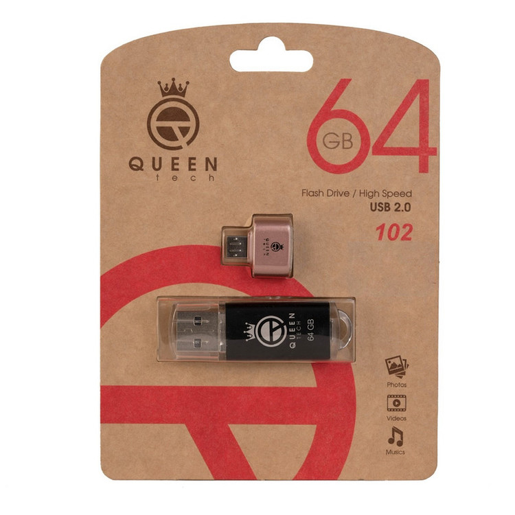 فلش مموری کوئین تک مدل QUICK C-PLUS ظرفیت 64 گیگابایت با رابط USB 2.0 و مبدل USB-C، سرعت انتقال 30 مگابایت بر ثانیه، طراحی درپوشدار، مناسب گوشی، تبلت، کامپیوتر و تلویزیون