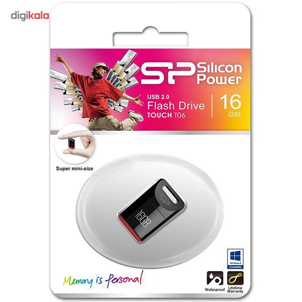 فلش مموری سیلیکون پاور مدل Touch T06 ظرفیت 16 گیگابایت، رابط USB2.0، مقاوم در برابر آب، گردوغبار و شوک، ابعاد کوچک و وزن 3.6 گرم، سازگار با ویندوز، مک و لینوکس
