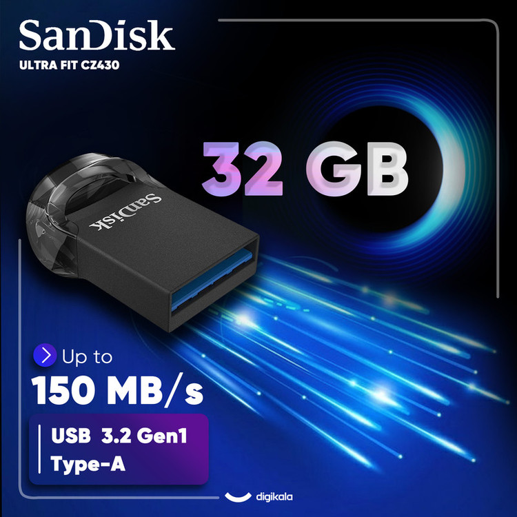 فلش مموری سن دیسک مدل ULTRA FIT USB 3.1 ظرفیت 32 گیگابایت با سرعت خواندن 130 مگابایت بر ثانیه، طراحی فوق کوچک، نرمافزار امنیتی SanDisk SecureAccess و بازیابی فایل RESCUEPRO Deluxe، مناسب ضبط خودرو و تلویزیون