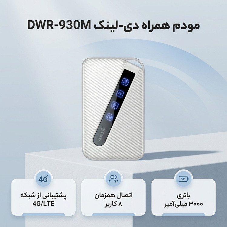 مودم 4G/LTE قابل حمل دی-لینک مدل DWR-930M با باتری 3000 میلیآمپر، پشتیبانی از 8 کاربر همزمان، سرعت دانلود 150 مگابیت بر ثانیه، استاندارد بیسیم 802.11n/g/b و امنیت WPA/WPA2