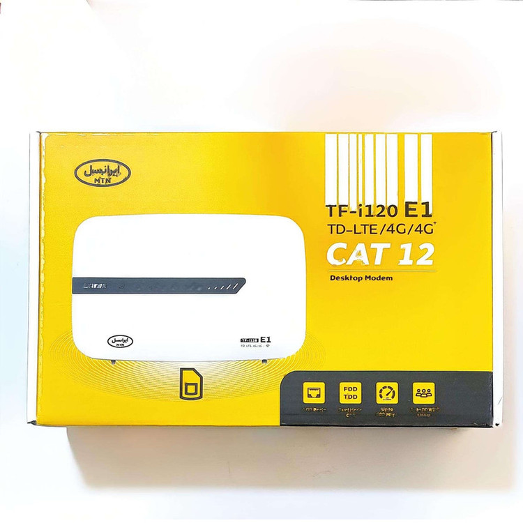 مودم 4G ایرانسل مدل TF-i120 E1 با فناوری LTE Cat 12، سرعت دانلود 600 مگابیت بر ثانیه، آپلود 100 مگابیت بر ثانیه، وایفای دوبانده 2.4 و 5.8 گیگاهرتز، پشتیبانی همزمان 50 کاربر، چهار پورت اترنت، مناسب استفاده خانگی و اداری