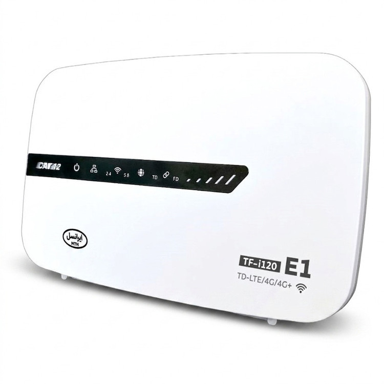 مودم 4G ایرانسل مدل TF-i120 E1 با فناوری LTE Cat 12، سرعت دانلود 600 مگابیت بر ثانیه، آپلود 100 مگابیت بر ثانیه، وایفای دوبانده 2.4 و 5.8 گیگاهرتز، پشتیبانی همزمان 50 کاربر، چهار پورت اترنت، مناسب استفاده خانگی و اداری