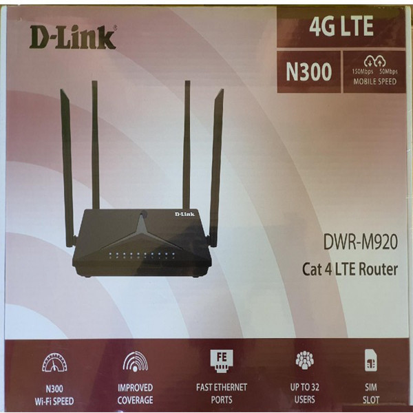 مودم روتر بیسیم خانگی 4G دی-لینک مدل DWR-M920 با شیار سیمکارت، پشتیبانی از 32 کاربر، سرعت انتقال 150 مگابیت، چهار آنتن داخلی و خارجی و رابط RJ-45 WAN/LAN