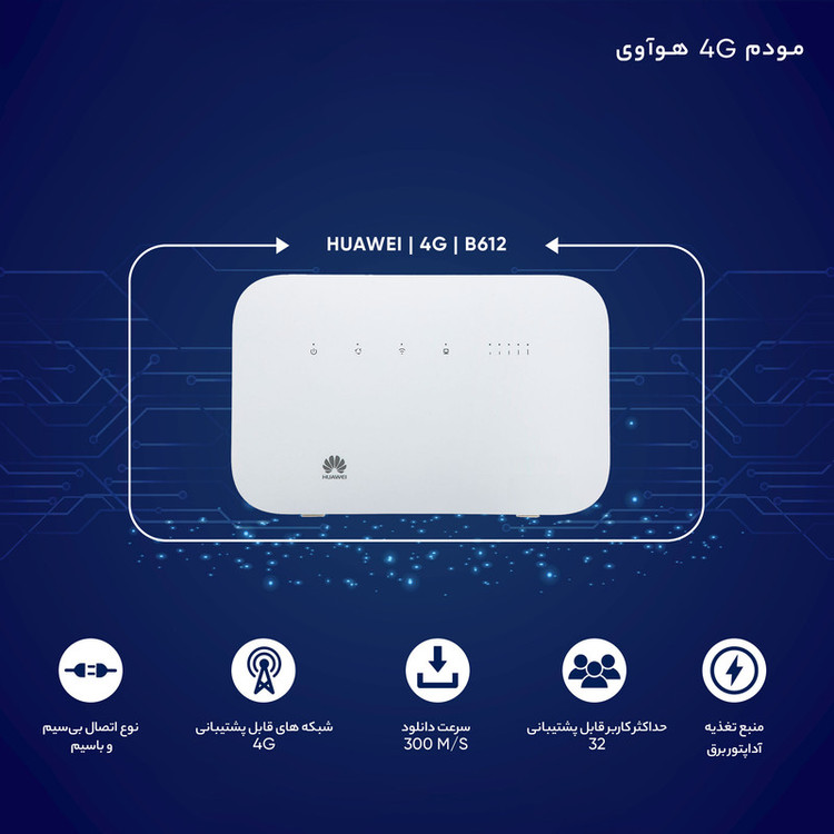 مودم روتر 4G خانگی هوآوی مدل B612 با پشتیبانی از LTE Cat 6 و فناوری نسل 4.5، قابلیت اتصال همزمان تا 32 کاربر، پشتیبانی از پیامک، ایجاد 4 شبکه بیسیم مستقل و فایروال IP/Mac filter