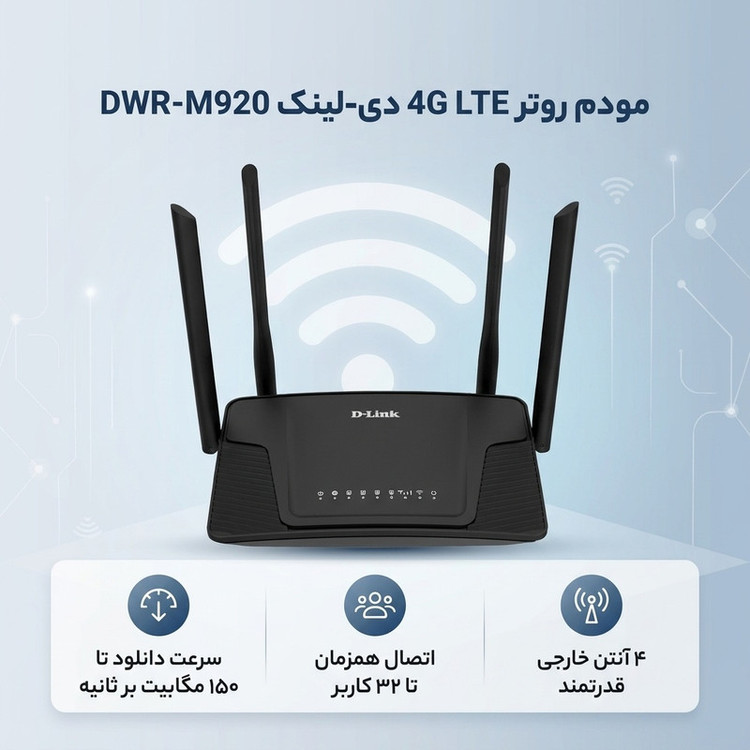 مودم روتر بیسیم 4G LTE دی-لینک مدل DWR-M920 با پشتیبانی از سیمکارت 3G/4G، سرعت تا 150 مگابیت بر ثانیه، پوشش کامل منزل با 4 آنتن خارجی، اتصال همزمان تا 32 کاربر و پورتهای LAN و WAN RJ-45