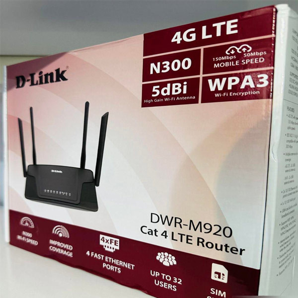 مودم روتر بیسیم 4G LTE دی-لینک مدل DWR-M920 با پشتیبانی از سیمکارت 3G/4G، سرعت تا 150 مگابیت بر ثانیه، پوشش کامل منزل با 4 آنتن خارجی، اتصال همزمان تا 32 کاربر و پورتهای LAN و WAN RJ-45