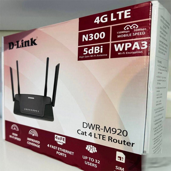 مودم روتر بیسیم 4G LTE دی-لینک مدل DWR-M920 با پشتیبانی از سیمکارت 3G/4G، سرعت تا 150 مگابیت بر ثانیه، پوشش کامل منزل با 4 آنتن خارجی، اتصال همزمان تا 32 کاربر و پورتهای LAN و WAN RJ-45