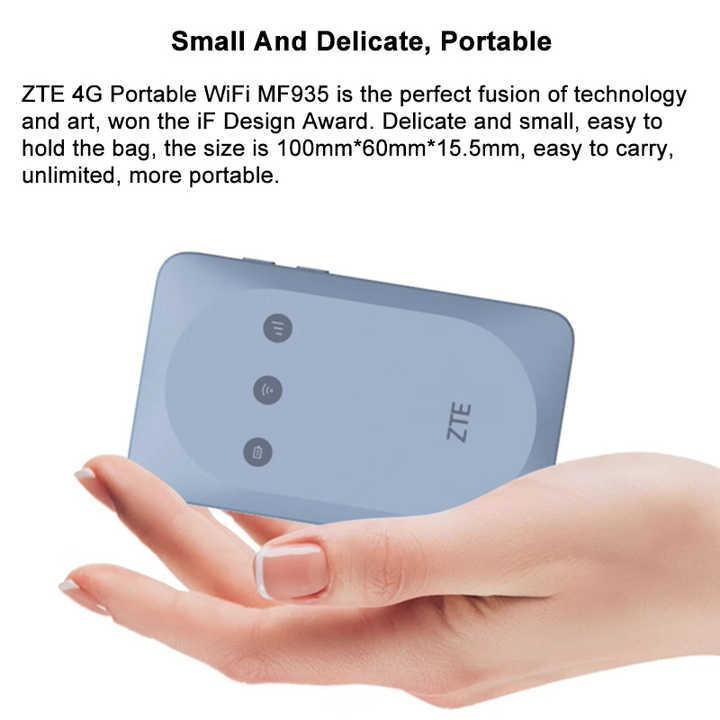 مودم 4G LTE قابل حمل زد تی ای مدل ZTE MF935 با باتری 2000 میلیآمپر، پشتیبانی از اتصال همزمان 8 دستگاه، وایفای 802.11b/g/n باند 2.4 گیگاهرتز، سرعت دانلود 150 مگابیت بر ثانیه و شارژدهی 7 ساعت