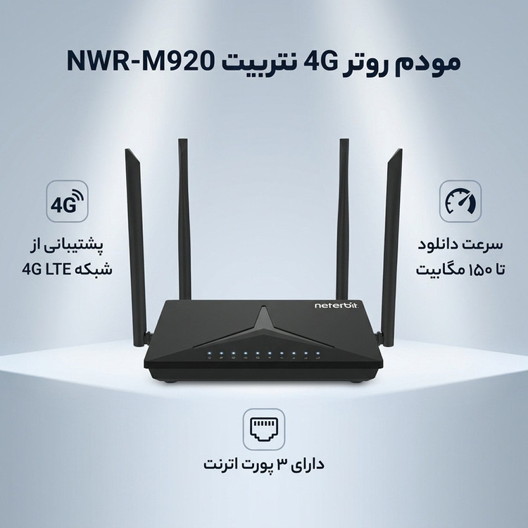 مودم روتر 4G نتربیت مدل NWR-M920 با پشتیبانی از شبکه LTE تا سرعت دانلود 150 مگابیت بر ثانیه، 3 پورت اترنت 10/100، نصب آسان، فایروال دوگانه SPI و NAT و رمزگذاری WPA/WPA2 برای اتصال پایدار و ایمن اینترنت