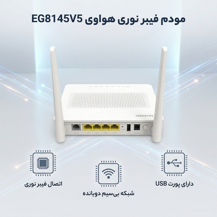 مودم فیبر نوری دوبانده مدل EG8145V5 با پشتیبانی از شبکه 4G، سرعت بیسیم تا 866 مگابیت، دو آنتن خارجی، قابلیت اتصال 10 کاربر و رابط USB مناسب استفاده خانگی و اداری