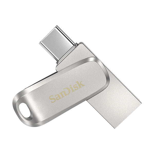 فلش مموری سن دیسک مدل Ultra Dual Drive Luxe ظرفیت 64 گیگابایت با دو رابط USB تایپ سی و USB 3.2 Gen1، بدنه فلزی چرخشی، سرعت انتقال 150 مگابایت بر ثانیه و سازگار با گوشی، تبلت، کامپیوتر و تلویزیون