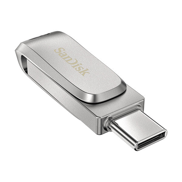 فلش مموری سن دیسک مدل Ultra Dual Drive Luxe ظرفیت 64 گیگابایت با دو رابط USB تایپ سی و USB 3.2 Gen1، بدنه فلزی چرخشی، سرعت انتقال 150 مگابایت بر ثانیه و سازگار با گوشی، تبلت، کامپیوتر و تلویزیون