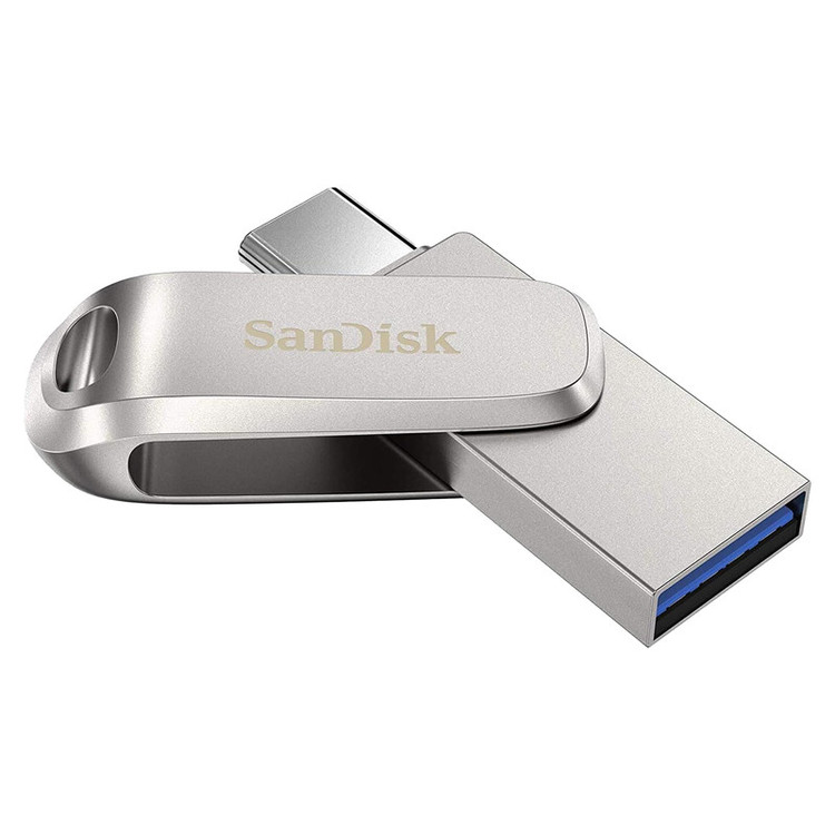 فلش مموری سن دیسک مدل Ultra Dual Drive Luxe ظرفیت 64 گیگابایت با دو رابط USB تایپ سی و USB 3.2 Gen1، بدنه فلزی چرخشی، سرعت انتقال 150 مگابایت بر ثانیه و سازگار با گوشی، تبلت، کامپیوتر و تلویزیون