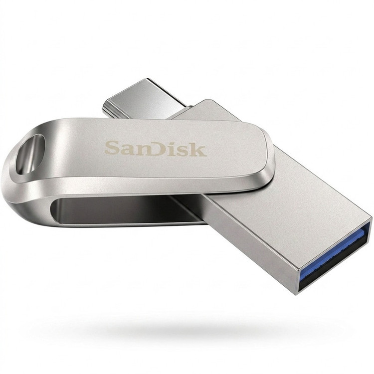 فلش مموری سن دیسک Ultra Dual Drive Luxe ظرفیت 256 گیگابایت با طراحی چرخشی، دو رابط USB Type-C و USB Type-A، استاندارد USB 3.2 Gen1، بدنه فلزی و سازگار با تبلت، گوشی، کامپیوتر و مک