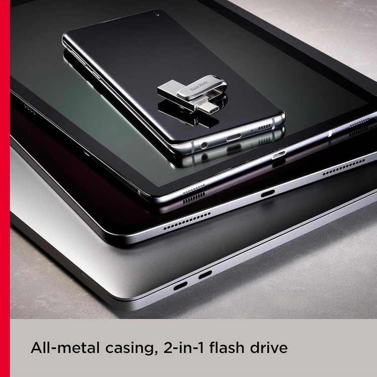 فلش مموری سن دیسک Ultra Dual Drive Luxe ظرفیت 1 ترابایت با دو رابط USB Type-C و USB Type-A، طراحی تاشو، فلزی، سازگار با ویندوز، مک، اندروید و iOS، استاندارد USB 3.2 Gen2