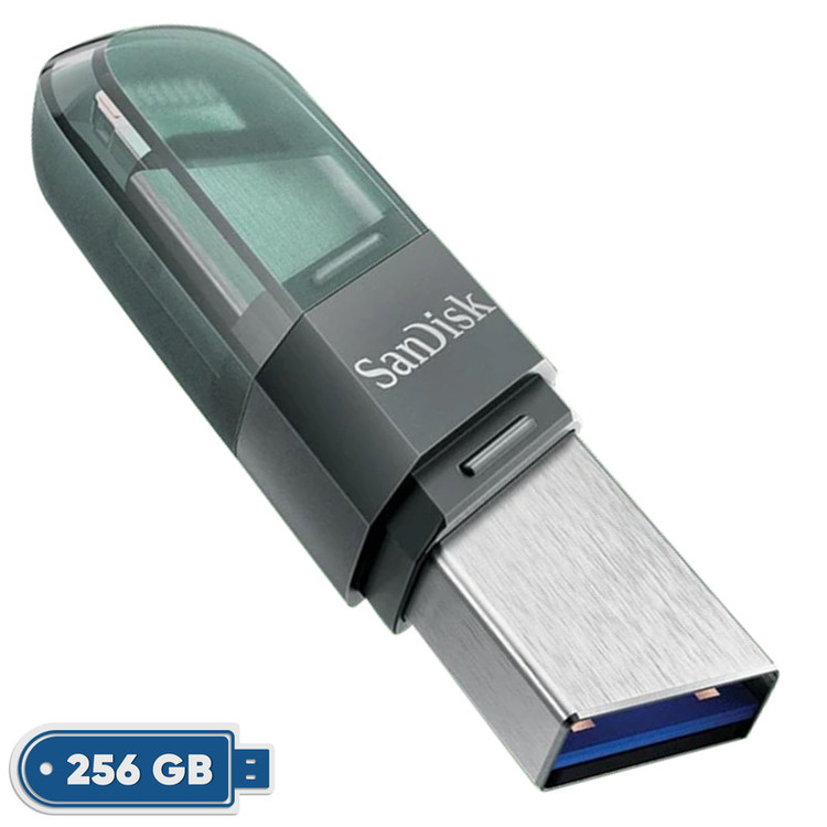 فلش مموری سن دیسک iXPAND FLIP ظرفیت 256 گیگابایت با دو رابط Lightning و USB 3.1، بدنه فلزی، سازگار با iPhone، iPad، ویندوز و مک، انتقال خودکار عکس و ویدیو، طراحی درپوشدار و سبک