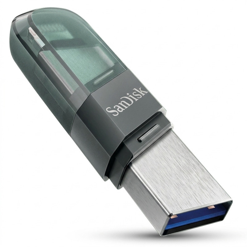 فلش مموری سن دیسک iXPAND FLIP ظرفیت 256 گیگابایت با دو رابط Lightning و USB 3.1، بدنه فلزی، سازگار با iPhone، iPad، ویندوز و مک، انتقال خودکار عکس و ویدیو، طراحی درپوش‌دار و سبک