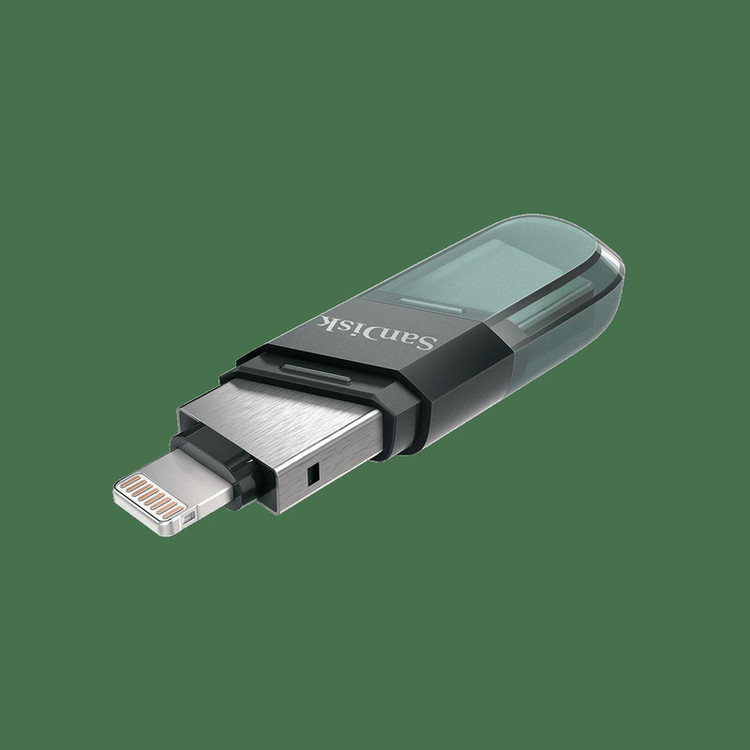 فلش مموری سن دیسک iXPAND FLIP ظرفیت 256 گیگابایت با دو رابط Lightning و USB 3.1، بدنه فلزی، سازگار با iPhone، iPad، ویندوز و مک، انتقال خودکار عکس و ویدیو، طراحی درپوشدار و سبک