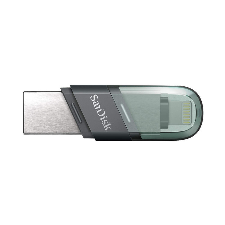 فلش مموری سن دیسک iXPAND FLIP ظرفیت 256 گیگابایت با دو رابط Lightning و USB 3.1، بدنه فلزی، سازگار با iPhone، iPad، ویندوز و مک، انتقال خودکار عکس و ویدیو، طراحی درپوشدار و سبک
