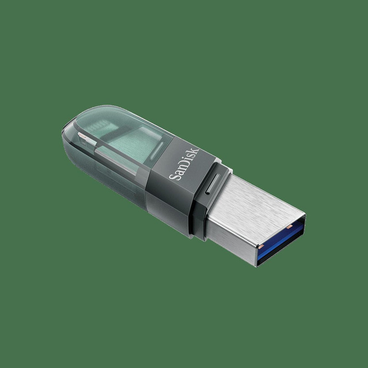 فلش مموری سن دیسک iXPAND FLIP ظرفیت 256 گیگابایت با دو رابط Lightning و USB 3.1، بدنه فلزی، سازگار با iPhone، iPad، ویندوز و مک، انتقال خودکار عکس و ویدیو، طراحی درپوشدار و سبک