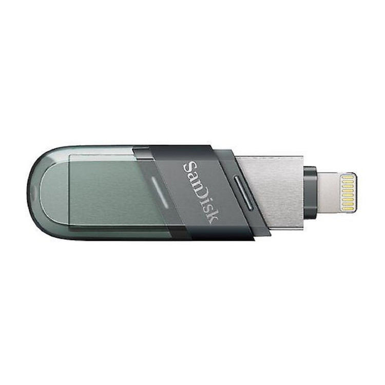 فلش مموری سن دیسک iXPAND FLIP ظرفیت 256 گیگابایت با دو رابط Lightning و USB 3.1، بدنه فلزی، سازگار با iPhone، iPad، ویندوز و مک، انتقال خودکار عکس و ویدیو، طراحی درپوشدار و سبک