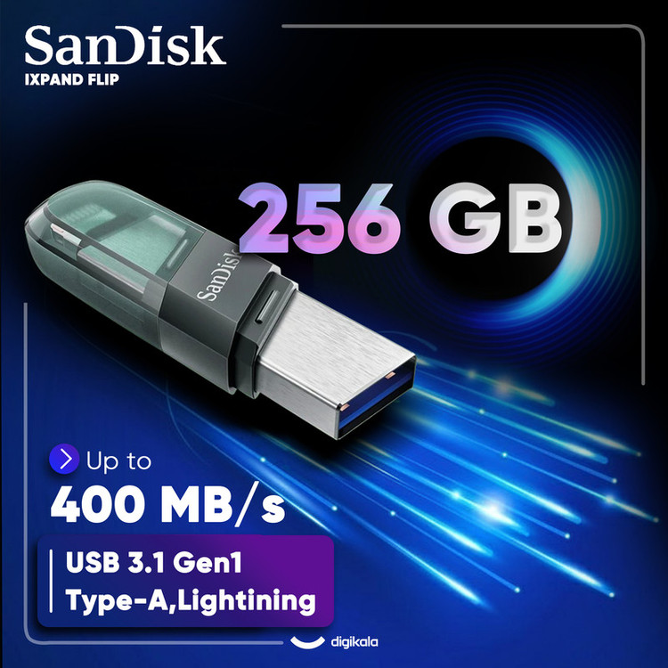 فلش مموری سن دیسک iXPAND FLIP ظرفیت 256 گیگابایت با دو رابط Lightning و USB 3.1، بدنه فلزی، سازگار با iPhone، iPad، ویندوز و مک، انتقال خودکار عکس و ویدیو، طراحی درپوشدار و سبک