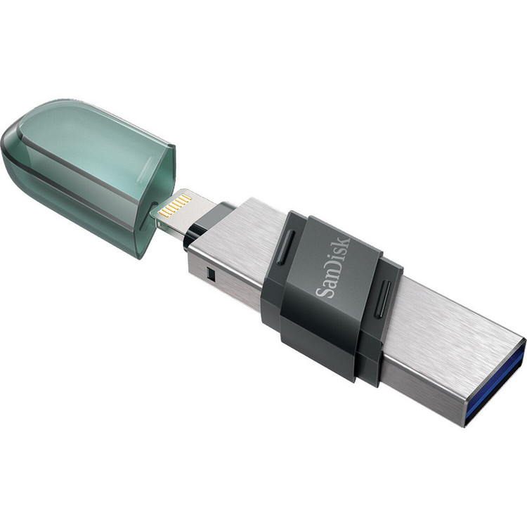 فلش مموری سن دیسک iXPAND FLIP ظرفیت 256 گیگابایت با دو رابط Lightning و USB 3.1، بدنه فلزی، سازگار با iPhone، iPad، ویندوز و مک، انتقال خودکار عکس و ویدیو، طراحی درپوشدار و سبک