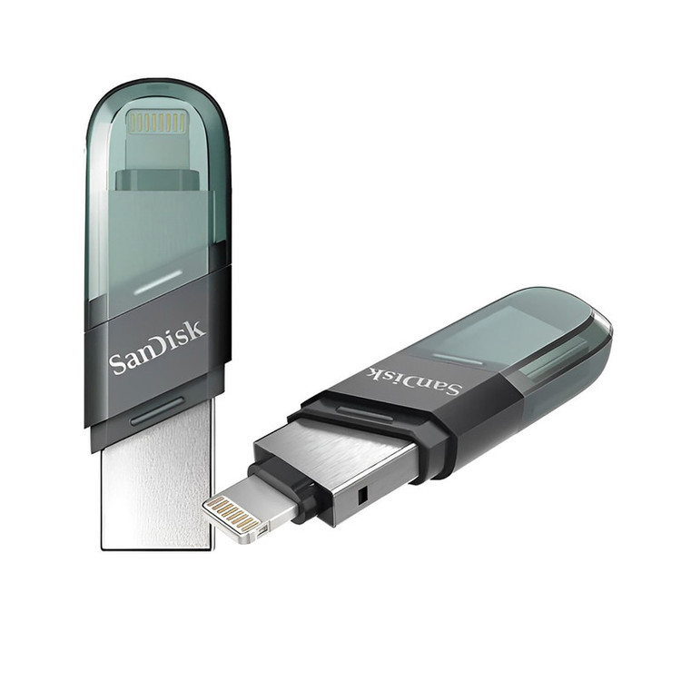 فلش مموری سن دیسک iXPAND FLIP ظرفیت 256 گیگابایت با دو رابط Lightning و USB 3.1، بدنه فلزی، سازگار با iPhone، iPad، ویندوز و مک، انتقال خودکار عکس و ویدیو، طراحی درپوشدار و سبک