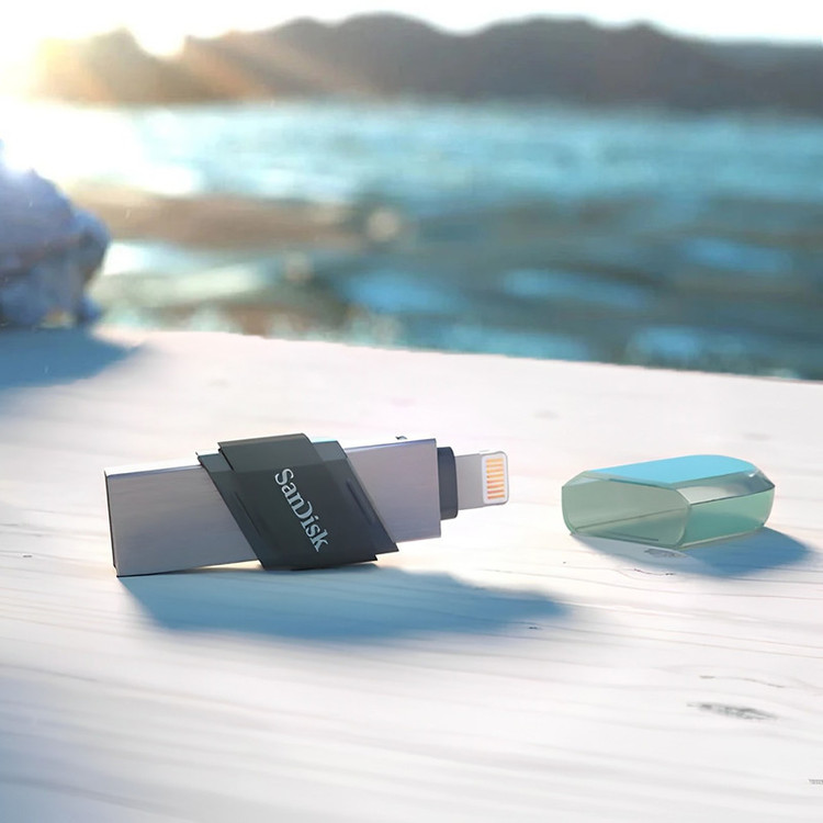 فلش مموری سن دیسک iXPAND FLIP ظرفیت 256 گیگابایت با دو رابط Lightning و USB 3.1، بدنه فلزی، سازگار با iPhone، iPad، ویندوز و مک، انتقال خودکار عکس و ویدیو، طراحی درپوشدار و سبک