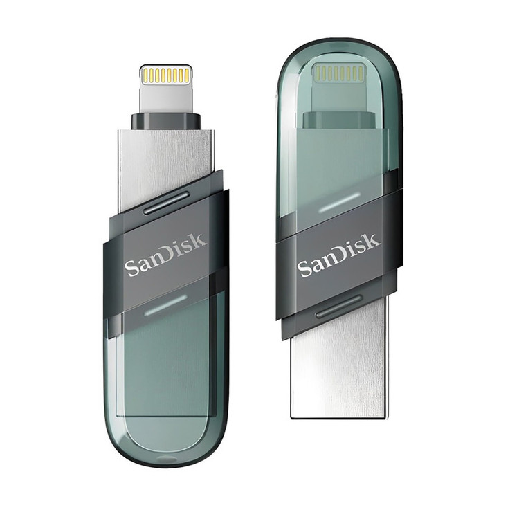 فلش مموری سن دیسک iXPAND FLIP ظرفیت 256 گیگابایت با دو رابط Lightning و USB 3.1، بدنه فلزی، سازگار با iPhone، iPad، ویندوز و مک، انتقال خودکار عکس و ویدیو، طراحی درپوشدار و سبک