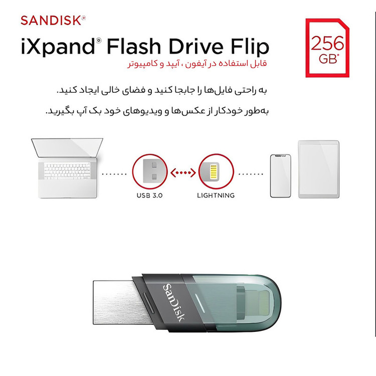فلش مموری سن دیسک iXPAND FLIP ظرفیت 256 گیگابایت با دو رابط Lightning و USB 3.1، بدنه فلزی، سازگار با iPhone، iPad، ویندوز و مک، انتقال خودکار عکس و ویدیو، طراحی درپوشدار و سبک