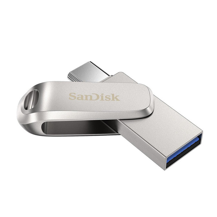 فلش مموری سن دیسک Ultra Dual Drive Luxe ظرفیت 512 گیگابایت با دو رابط USB 3.2 Type-C و Type-A، طراحی چرخشی، بدنه فلزی و سازگار با گوشی، تبلت، کامپیوتر و تلویزیون