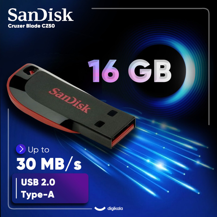 فلش مموری 16 گیگابایت سن دیسک مدل Cruzer Blade CZ50 با رابط USB 2.0 Type-A، طراحی بدون درپوش و قابلیت رمزگذاری اطلاعات