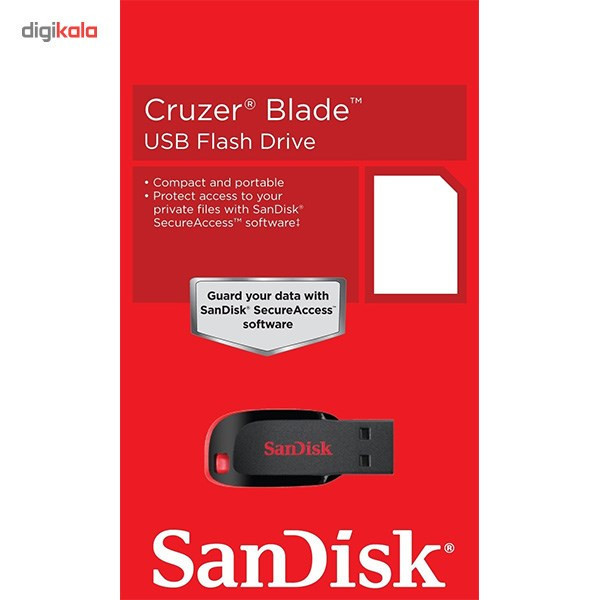 فلش مموری 16 گیگابایت سن دیسک مدل Cruzer Blade CZ50 با رابط USB 2.0 Type-A، طراحی بدون درپوش و قابلیت رمزگذاری اطلاعات