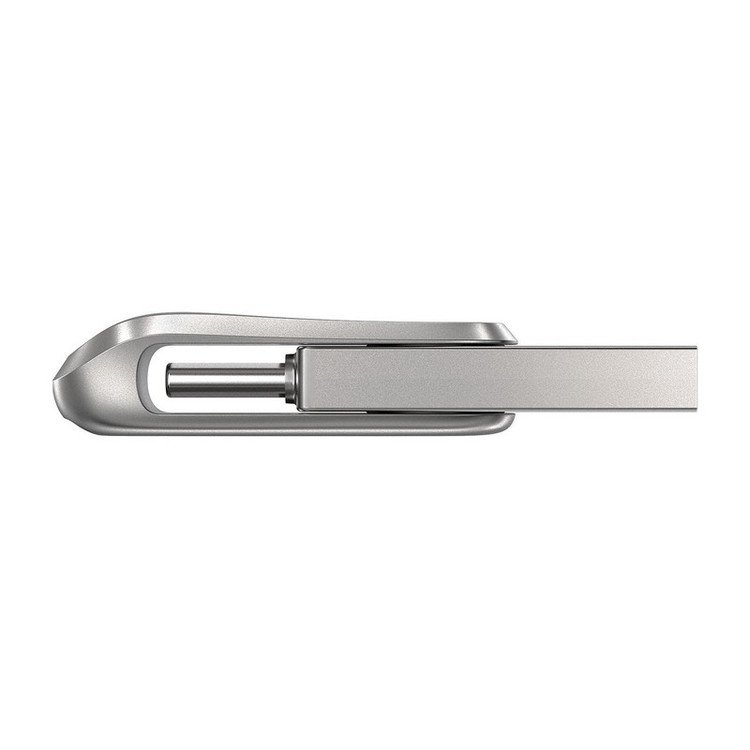 فلش مموری سن دیسک مدل Dual Drive Luxe ظرفیت 128 گیگابایت با طراحی چرخشی، دو رابط USB Type-C و USB Type-A، سرعت انتقال 150 مگابایت بر ثانیه، بدنه فلزی و سازگار با موبایل، تبلت، کامپیوتر و تلویزیون
