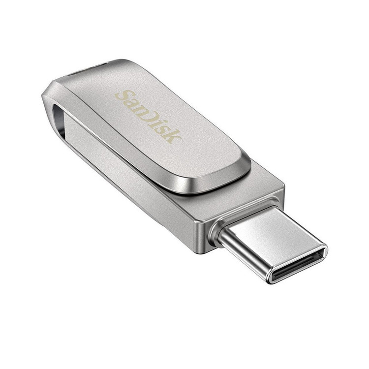 فلش مموری سن دیسک مدل Dual Drive Luxe ظرفیت 128 گیگابایت با طراحی چرخشی، دو رابط USB Type-C و USB Type-A، سرعت انتقال 150 مگابایت بر ثانیه، بدنه فلزی و سازگار با موبایل، تبلت، کامپیوتر و تلویزیون