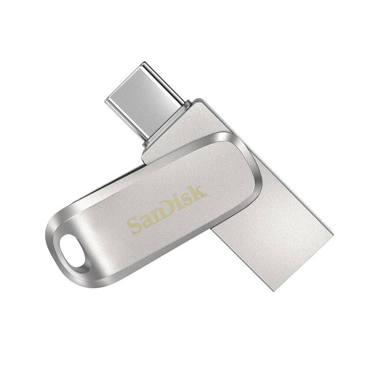 فلش مموری سن دیسک مدل Dual Drive Luxe ظرفیت 128 گیگابایت با طراحی چرخشی، دو رابط USB Type-C و USB Type-A، سرعت انتقال 150 مگابایت بر ثانیه، بدنه فلزی و سازگار با موبایل، تبلت، کامپیوتر و تلویزیون