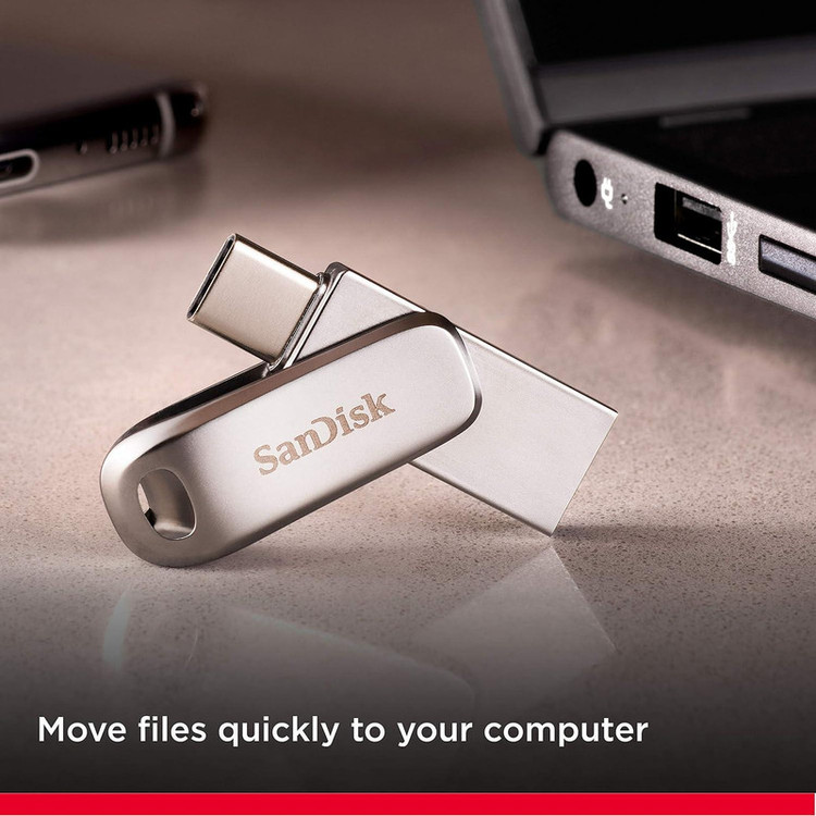 فلش مموری سن دیسک مدل Dual Drive Luxe ظرفیت 128 گیگابایت با طراحی چرخشی، دو رابط USB Type-C و USB Type-A، سرعت انتقال 150 مگابایت بر ثانیه، بدنه فلزی و سازگار با موبایل، تبلت، کامپیوتر و تلویزیون
