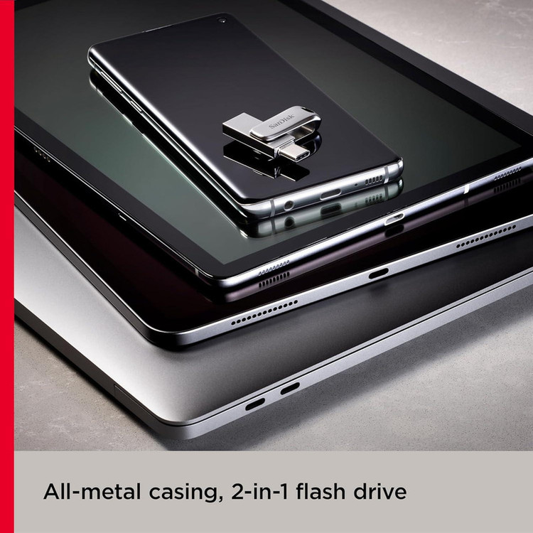 فلش مموری سن دیسک مدل Dual Drive Luxe ظرفیت 128 گیگابایت با طراحی چرخشی، دو رابط USB Type-C و USB Type-A، سرعت انتقال 150 مگابایت بر ثانیه، بدنه فلزی و سازگار با موبایل، تبلت، کامپیوتر و تلویزیون