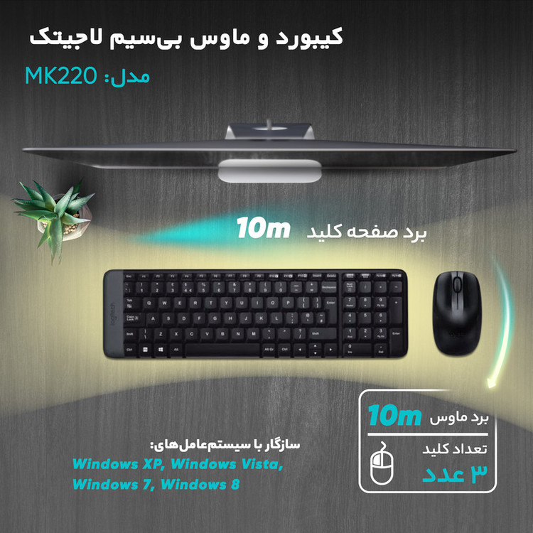 کیبورد و ماوس بیسیم لاجیتک مدل MK220، سوییچ ممبران ، Tenkeyless