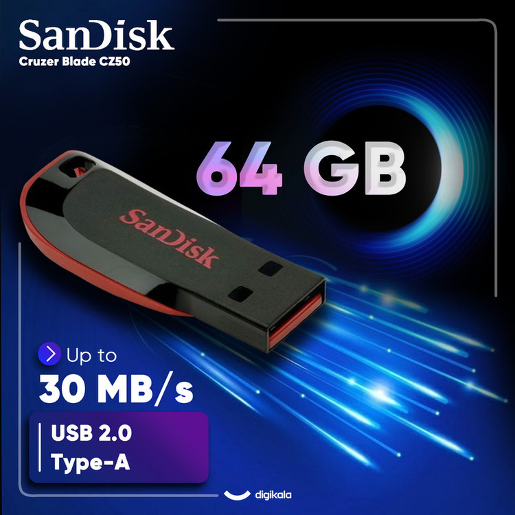 فلش مموری 64 گیگابایت سن دیسک مدل Cruzer Blade CZ50 با رابط USB 2.0، بدنه مات مقاوم در برابر اثر انگشت، قابلیت رمزگذاری نرمافزاری و شیار اتصال بند