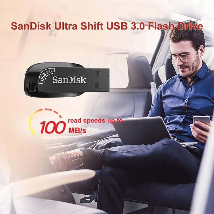 فلش مموری سن دیسک مدل ULTRA SHIFT CZ410 ظرفیت 32 گیگابایت، رابط USB 3.1 با سرعت خواندن 100 مگابایت بر ثانیه، مناسب ضبط خودرو و تلویزیون، دارای نرمافزار امنیتی SanDisk SecureAccess و بازیابی فایل RESCUEPRO DELUXE