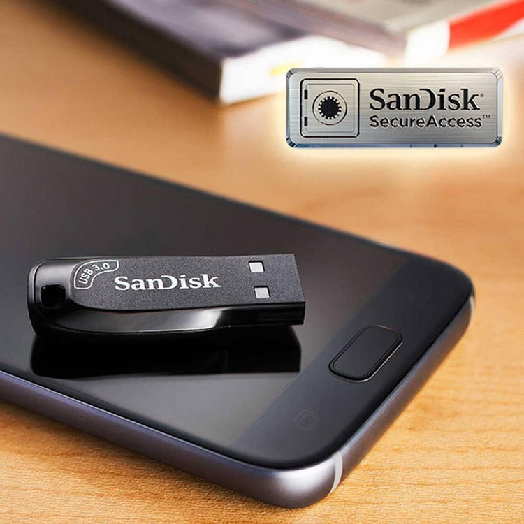فلش مموری سن دیسک مدل ULTRA SHIFT CZ410 ظرفیت 32 گیگابایت، رابط USB 3.1 با سرعت خواندن 100 مگابایت بر ثانیه، مناسب ضبط خودرو و تلویزیون، دارای نرمافزار امنیتی SanDisk SecureAccess و بازیابی فایل RESCUEPRO DELUXE