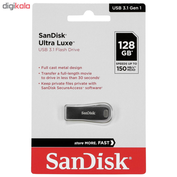 فلش مموری سن دیسک مدل Ultra Luxe ظرفیت 128 گیگابایت با بدنه فلزی، رابط USB 3.1 Type-A، سرعت خواندن 150 مگابایت بر ثانیه و نرمافزار کدگذاری SanDisk Secure Access