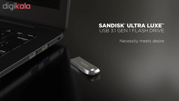 فلش مموری سن دیسک مدل Ultra Luxe ظرفیت 128 گیگابایت با بدنه فلزی، رابط USB 3.1 Type-A، سرعت خواندن 150 مگابایت بر ثانیه و نرمافزار کدگذاری SanDisk Secure Access